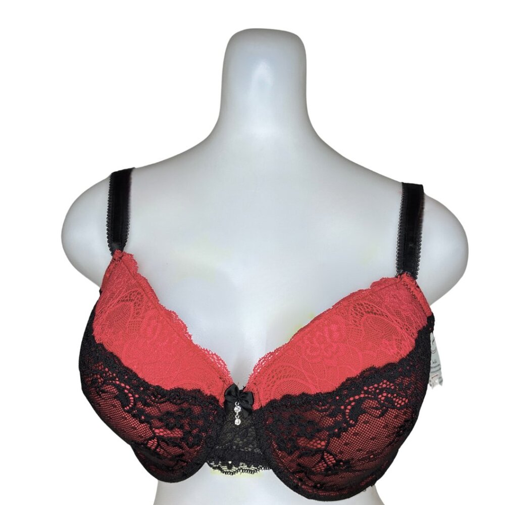 34DD NWT Red with Black Lace Overlay Bra
